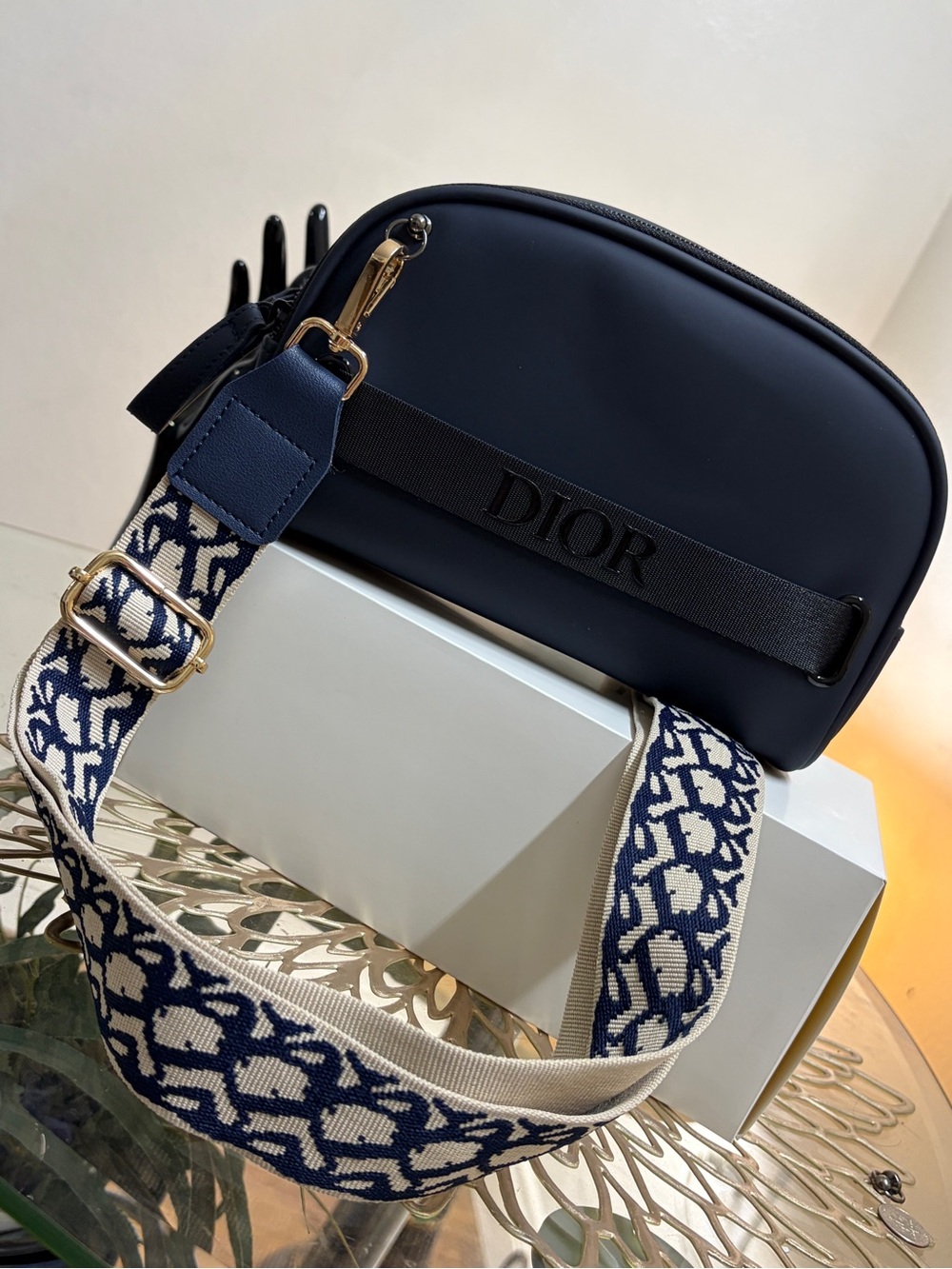 Dior Navy Crossbody Saddle Bag with Jacquard Strap
